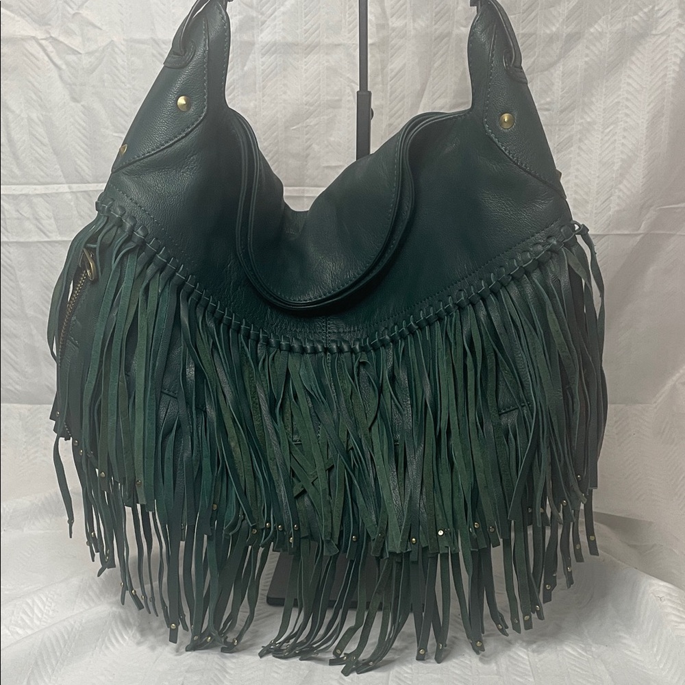 Oryany Fringed Hobo Shoulder Bag in Deep Green